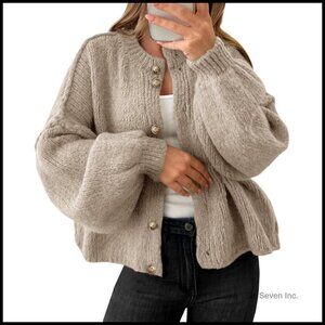 Oversized Chunky Knit Cardigan Long Lantern Sleeve Button Up Cozy Fall Sweater